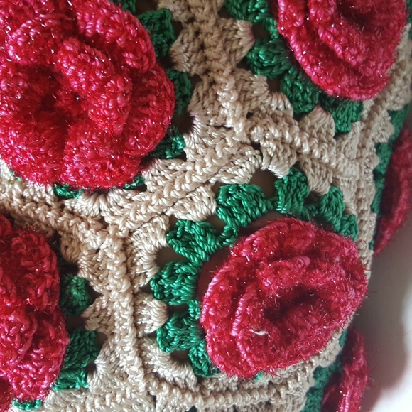 Vintage knit crochet sparkle large floral  bag - Picture 8 of 8